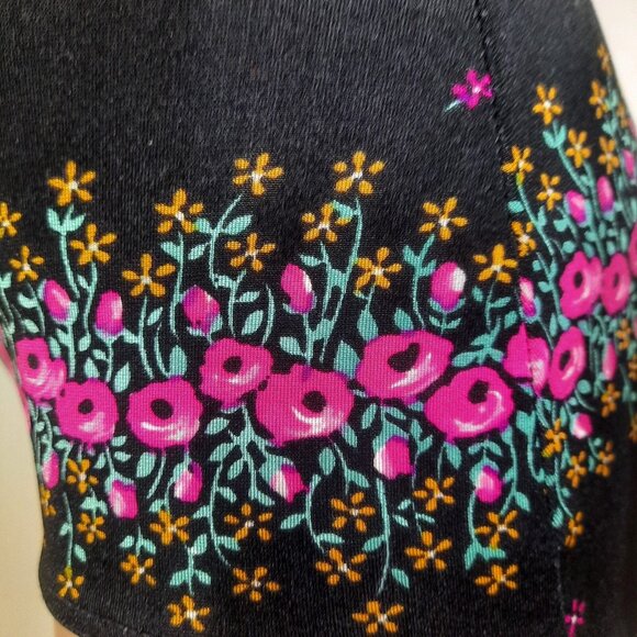 Vintage 70s Slix Swimsuit Black Pink Floral Halter Bathing Suit One Piece XS - Picture 7 of 14